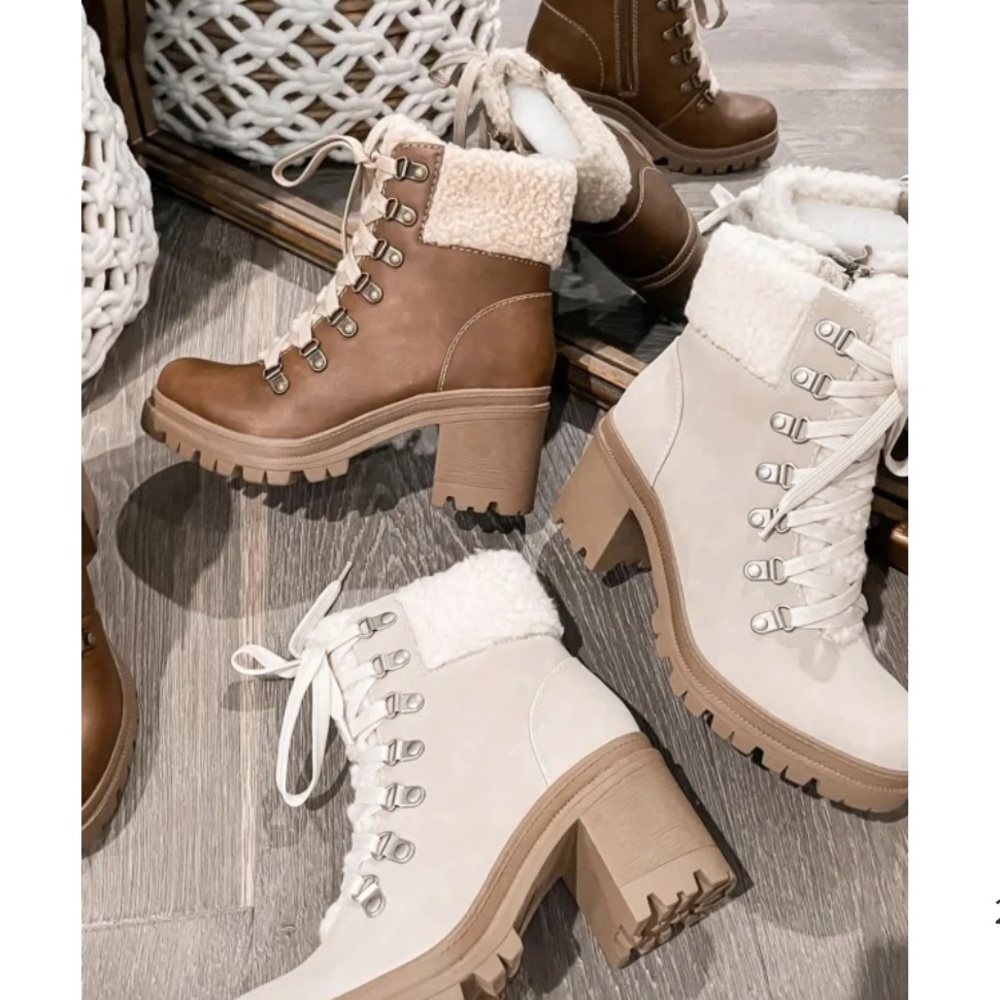 Brown Sherpa Lace-Up Lug Sole Combat Booties - Picture 11 of 16